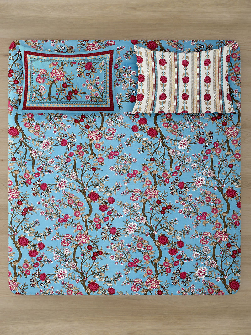 Blue Floral Print 180 TC Cotton King Bed sheet with 2 Pillow Covers