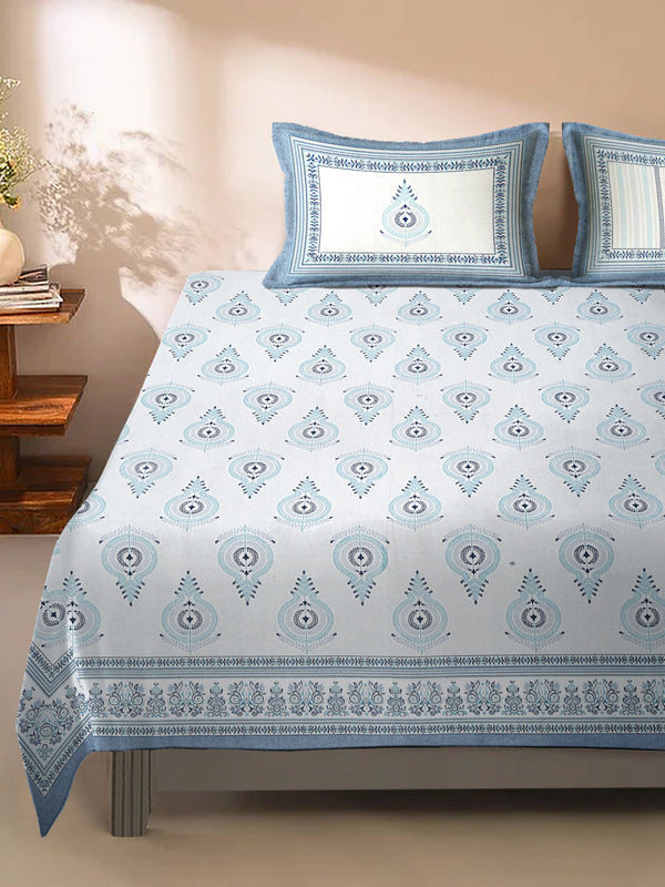 White and Blue Ethnic Motif 180 TC Cotton Super King Bed Sheet with 2 Pillow Covers
