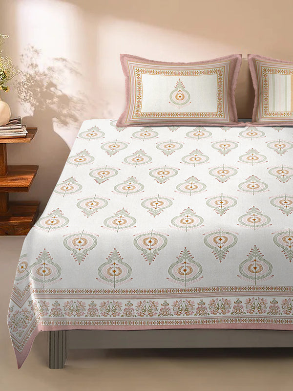 Whiteand Peach Ethnic Motif 180 TC Cotton Super King Bed Sheet with 2 Pillow Covers