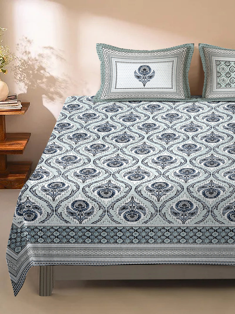 Grey and Green Ethnic Motif 180 TC Cotton Super King Bed Sheet with 2 Pillow Covers