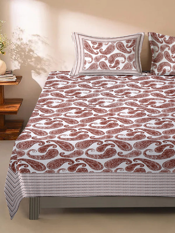 White and Maroon Paisley Print 180 TC Cotton Double Bed Sheet with 2 Pillow Covers