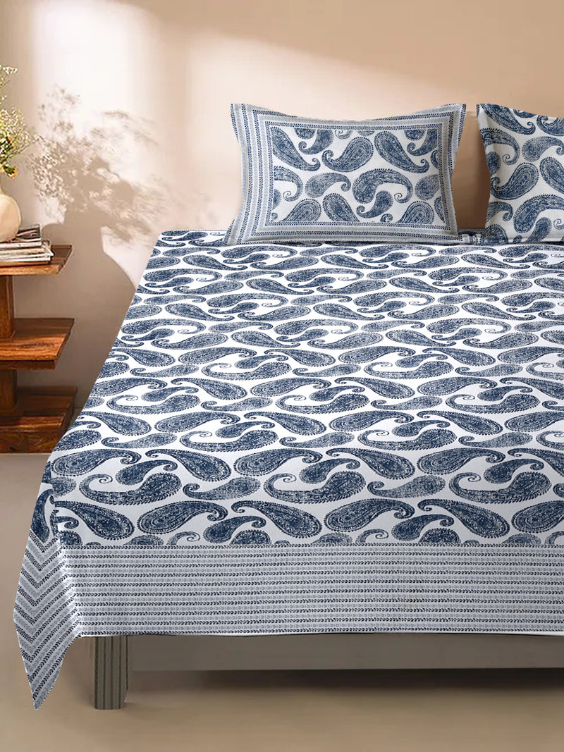 White and Blue Paisley Print 180 TC Cotton Double Bed Sheet with 2 Pillow Covers