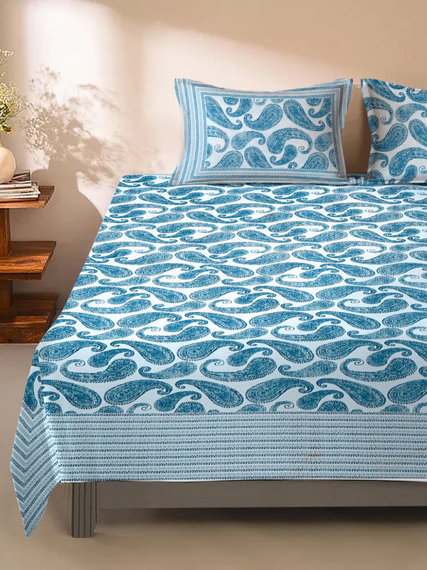 White and Turquoise Paisley Print 180 TC Cotton Double Bed Sheet with 2 Pillow Covers