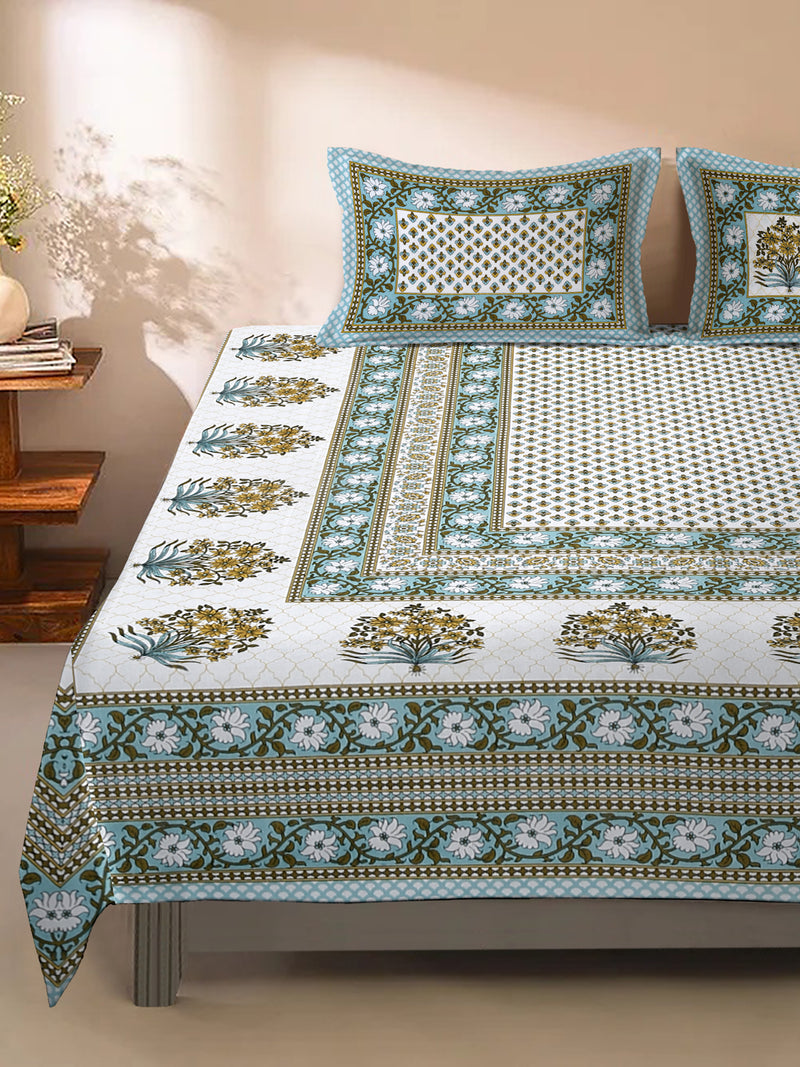 White and Green Screen Jaipuri Indie Print 180 TC Cotton Double Bed Sheet with 2 Pillow Covers