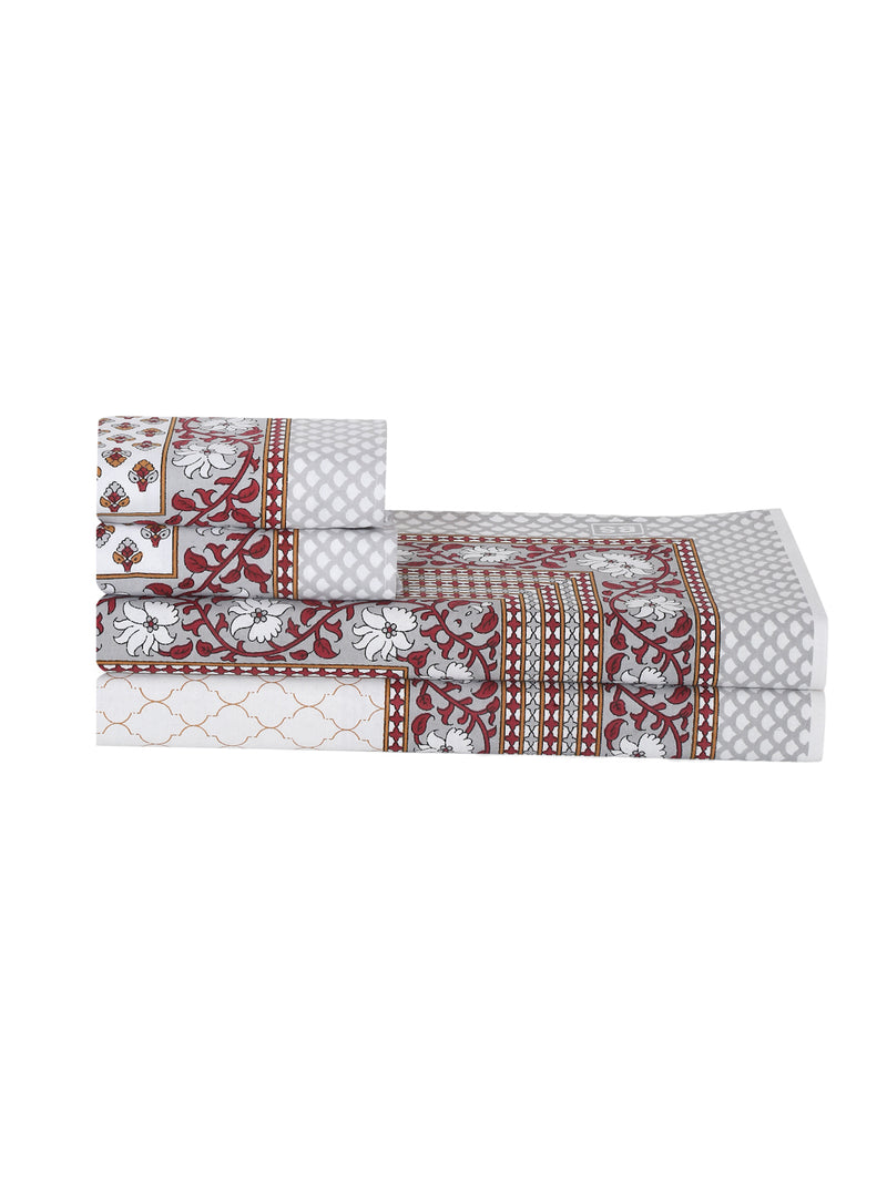 White and Grey Screen Jaipuri Indie Print 180 TC Cotton Double Bed Sheet with 2 Pillow Covers
