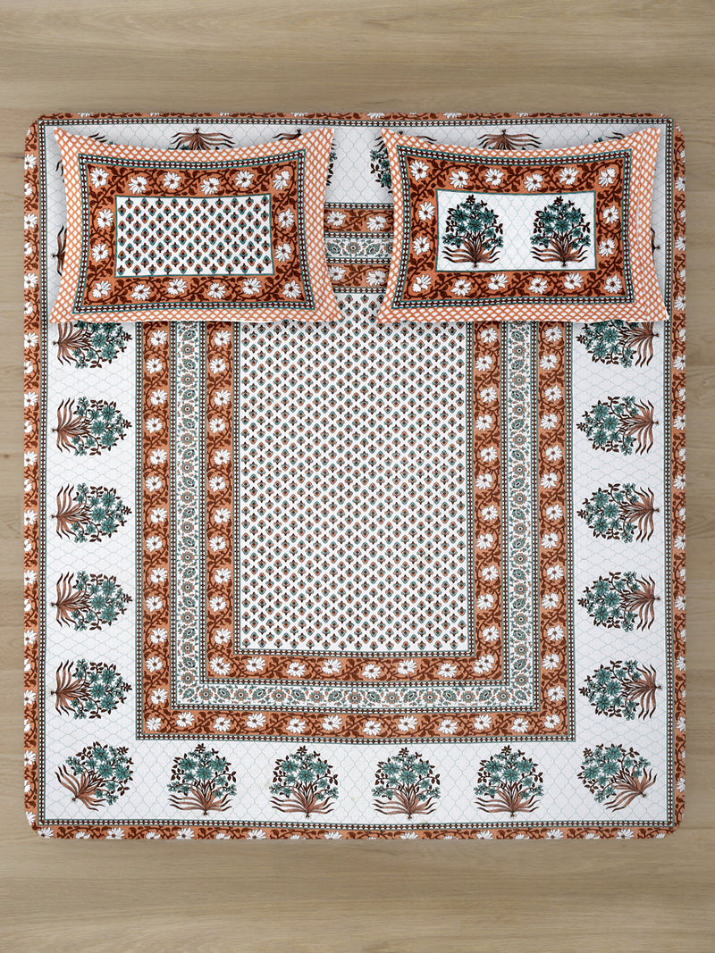 White and Copper Screen Jaipuri Indie Print 180 TC Cotton Double Bed Sheet with 2 Pillow Covers
