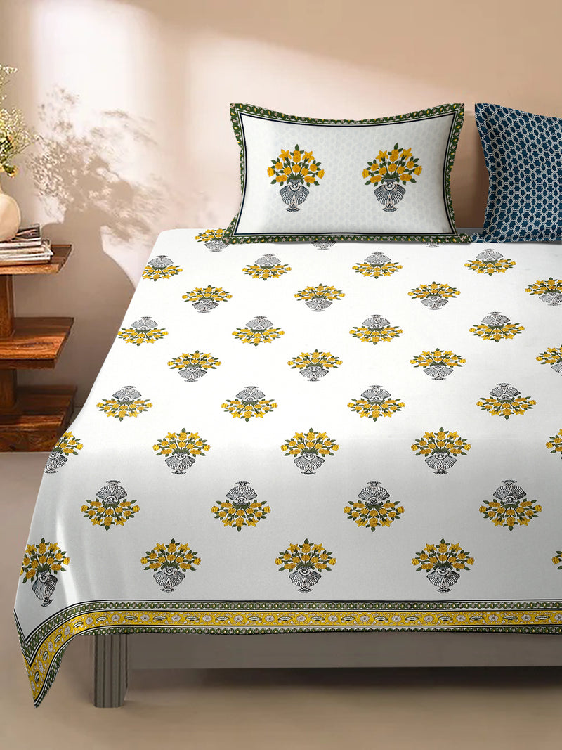 White and Yellow Floral Print 180 TC Cotton Double Bed Sheet with 2 Pillow Covers