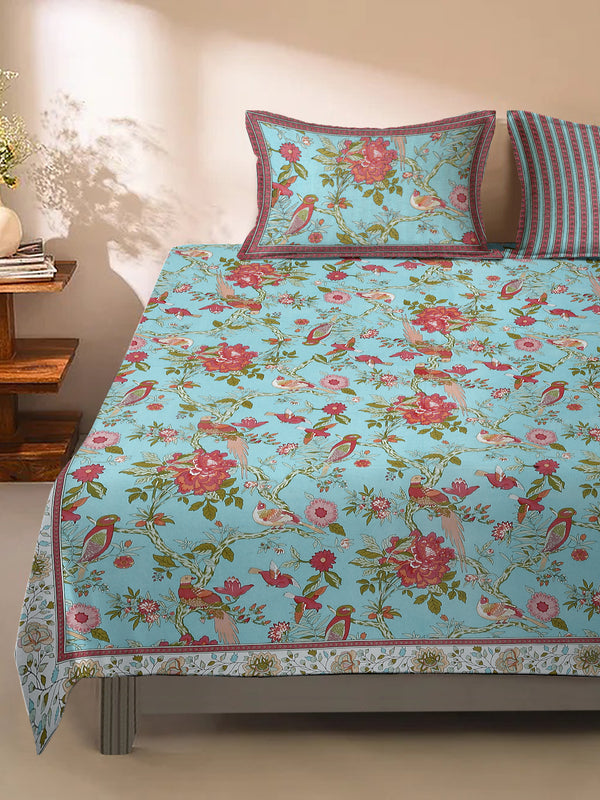 Sky Blue Floral Print 180 TC Cotton Double Bed Sheet with 2 Pillow Covers