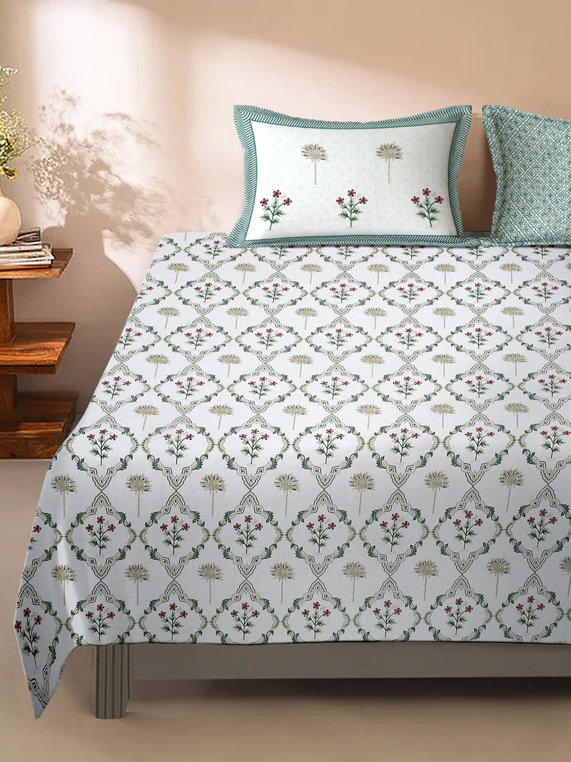 White and Green Floral Print 180 TC Super King Bed Sheet with 2 Pillow Covers