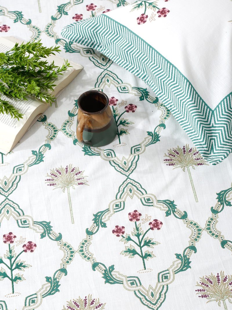 White and Green Floral Print 180 TC Super King Bed Sheet with 2 Pillow Covers