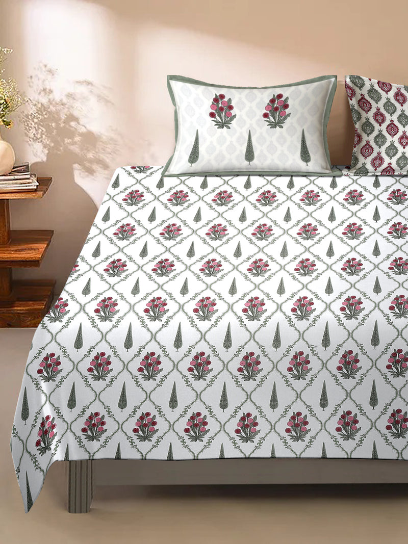 White and Green Ethnic Motifs Print 180 TC King Bed Sheet with 2 Pillow Covers