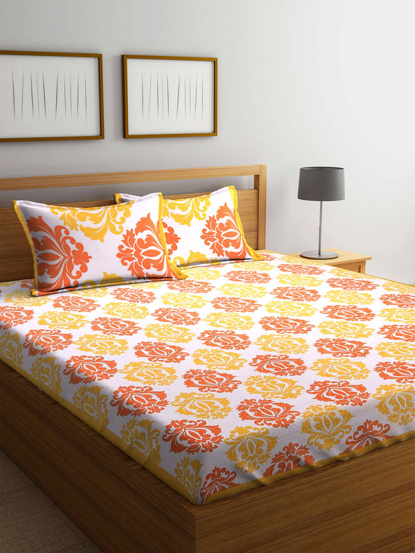 Flroal Print White Yellow Double Size Bedsheet with 2 Pillow Covers