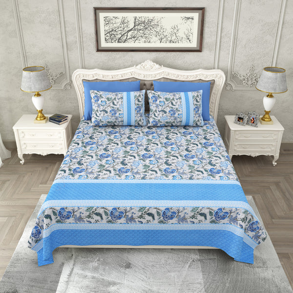 Grey and Blue Floral Print Super King Cotton Bed Sheet with 2 Pillow Covers