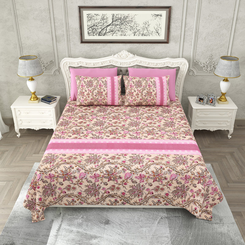 Beige and Pink Floral Print Super King Cotton Bed Sheet with 2 Pillow Covers