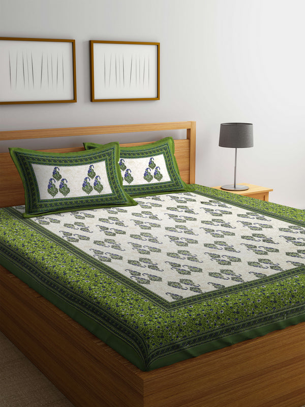 Paisley Print White and Green Double Bedsheet with 2 Pillow Covers