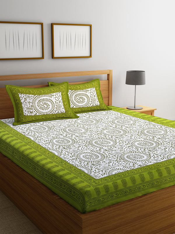 Jaipuri Tradional Print White and Green Double Bedsheet with 2 Pillow Coverss