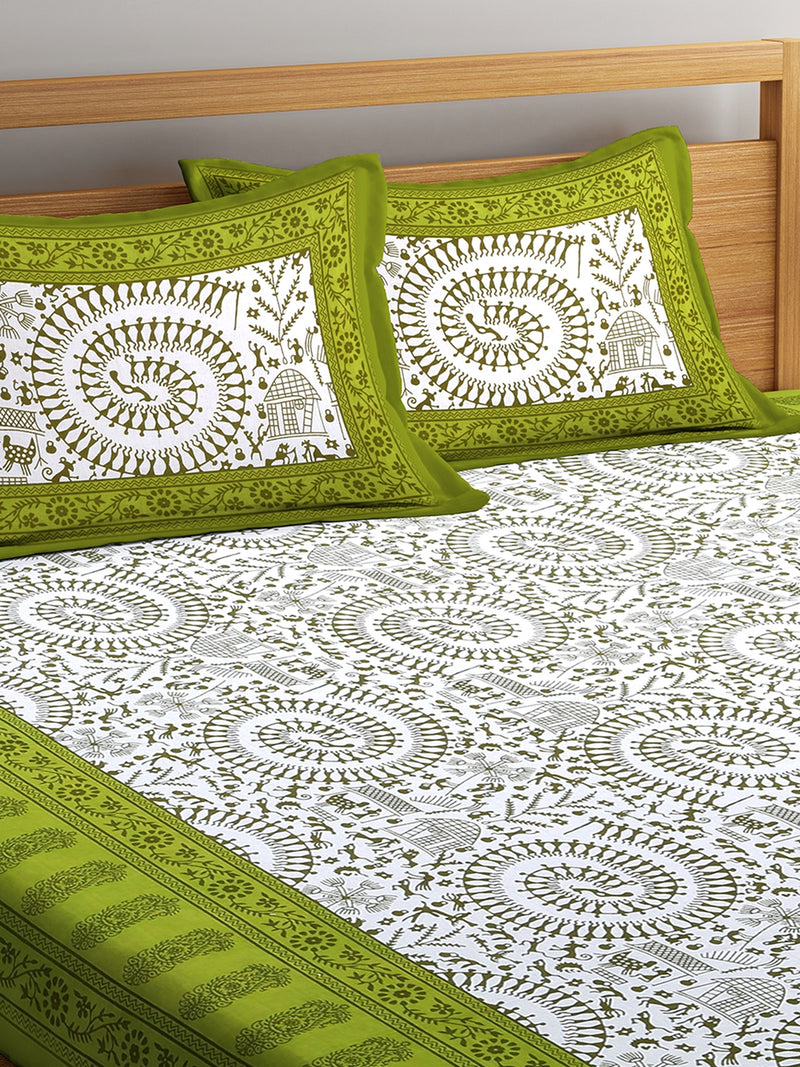 Jaipuri Tradional Print White and Green Double Bedsheet with 2 Pillow Coverss