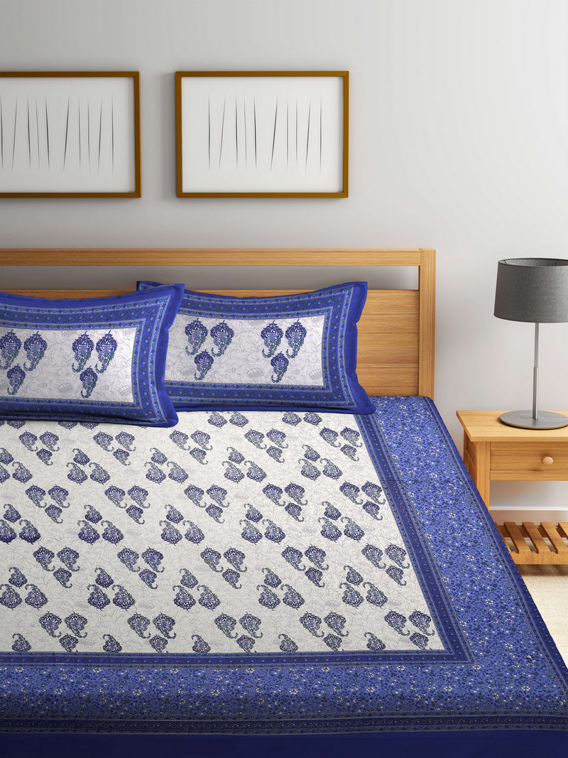 Paisley Print White and Blue Double Bedsheet with 2 Pillow Covers