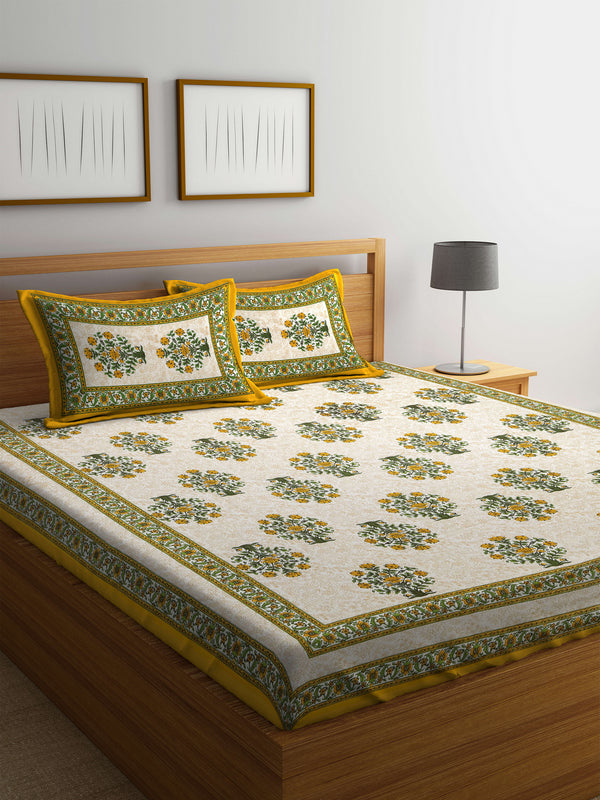 Hand Screen Floral White and Yellow Double Size Bedsheet with 2 Pillow Coverss