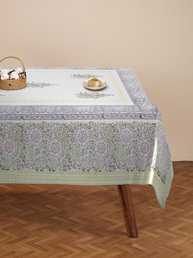 White and Green 6 Seater Printed Cotton Table Cover (60 x 90 Inch)