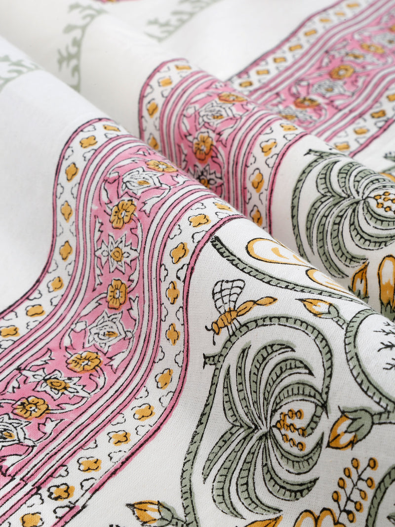 White and Pink 6 Seater Printed Cotton Table Cover (60 x 90 Inch)