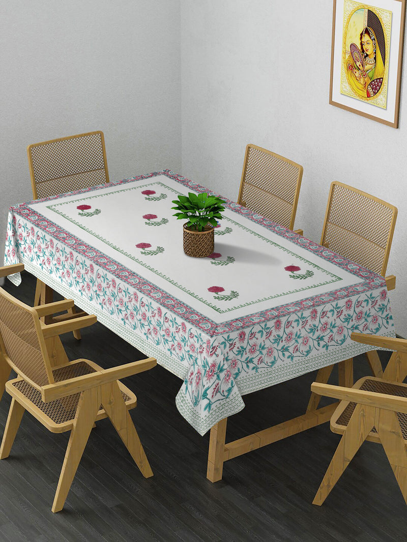 White and Red 6 Seater Printed Cotton Table Cover (60 x 90 Inch)