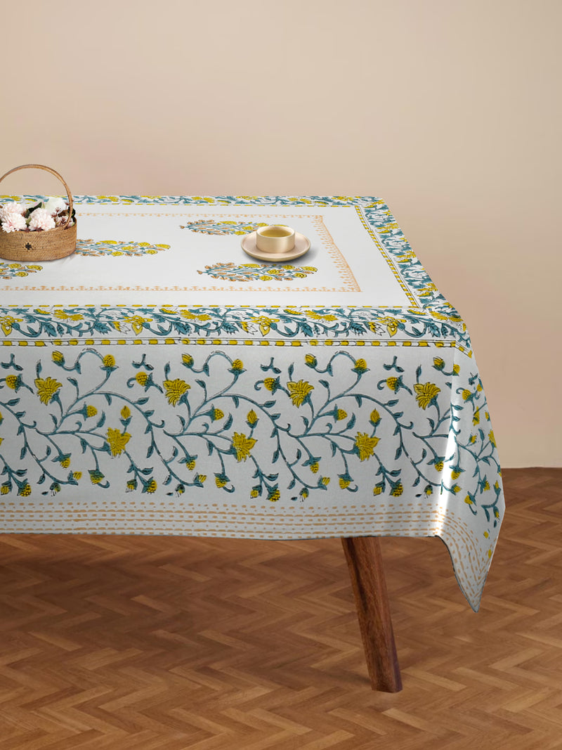 White and Yellow 6 Seater Printed Cotton Table Cover (60 x 90 Inch)