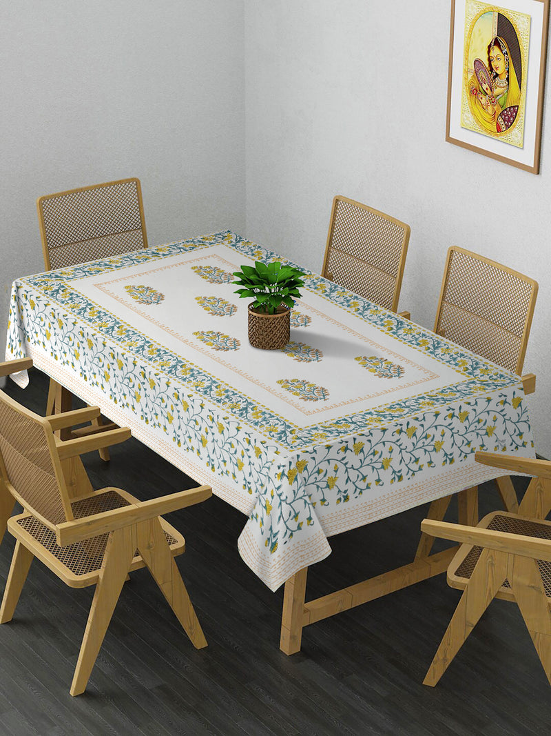 White and Yellow 6 Seater Printed Cotton Table Cover (60 x 90 Inch)