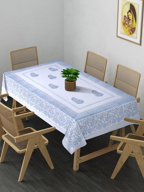 White and Blue 6 seater Block Printed Cotton Table Cover-60x90 inch