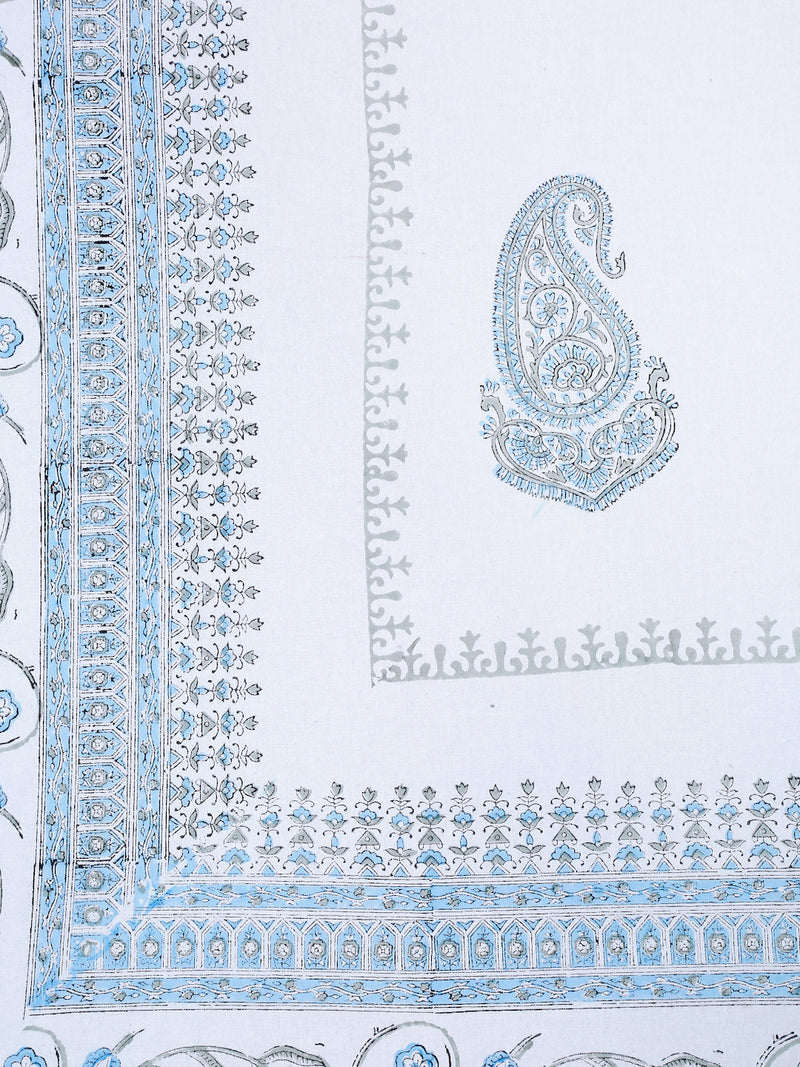 White and Blue 6 seater Block Printed Cotton Table Cover-60x90 inch