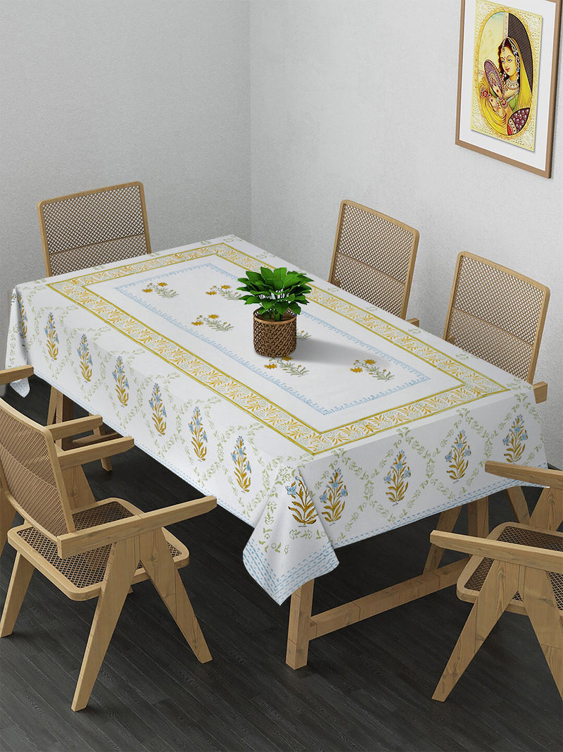 White and Yellow 6 seater Block Printed Floral Cotton Table Cover-60x90 inch