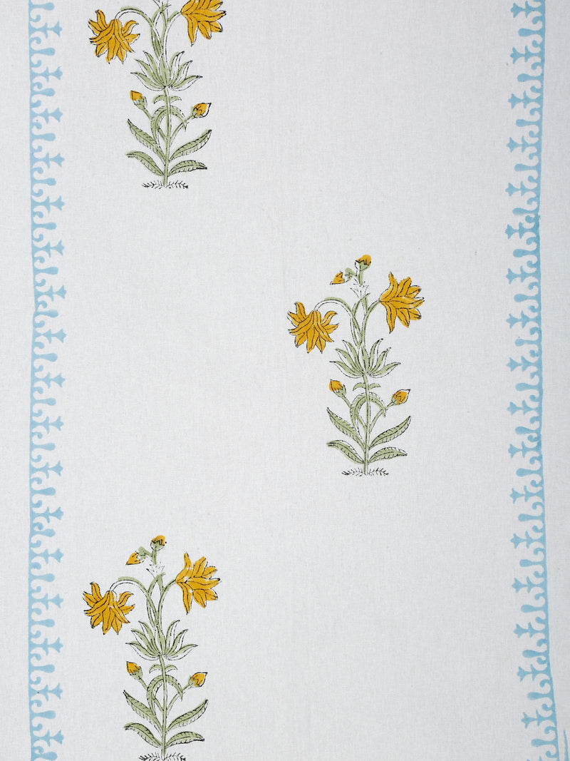 White and Yellow 6 seater Block Printed Floral Cotton Table Cover-60x90 inch