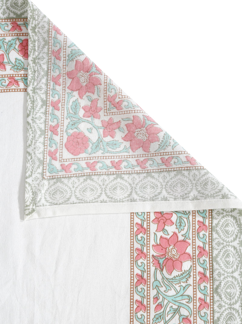 White and Pink 6 seater Block Printed Floral Cotton Table Cover-60x90 inch