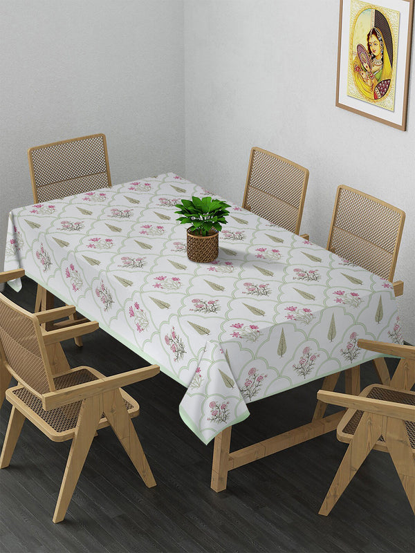 White and Pink 6 seater Block Printed Ethnic Motifs Cotton Table Cover-60x90 inch