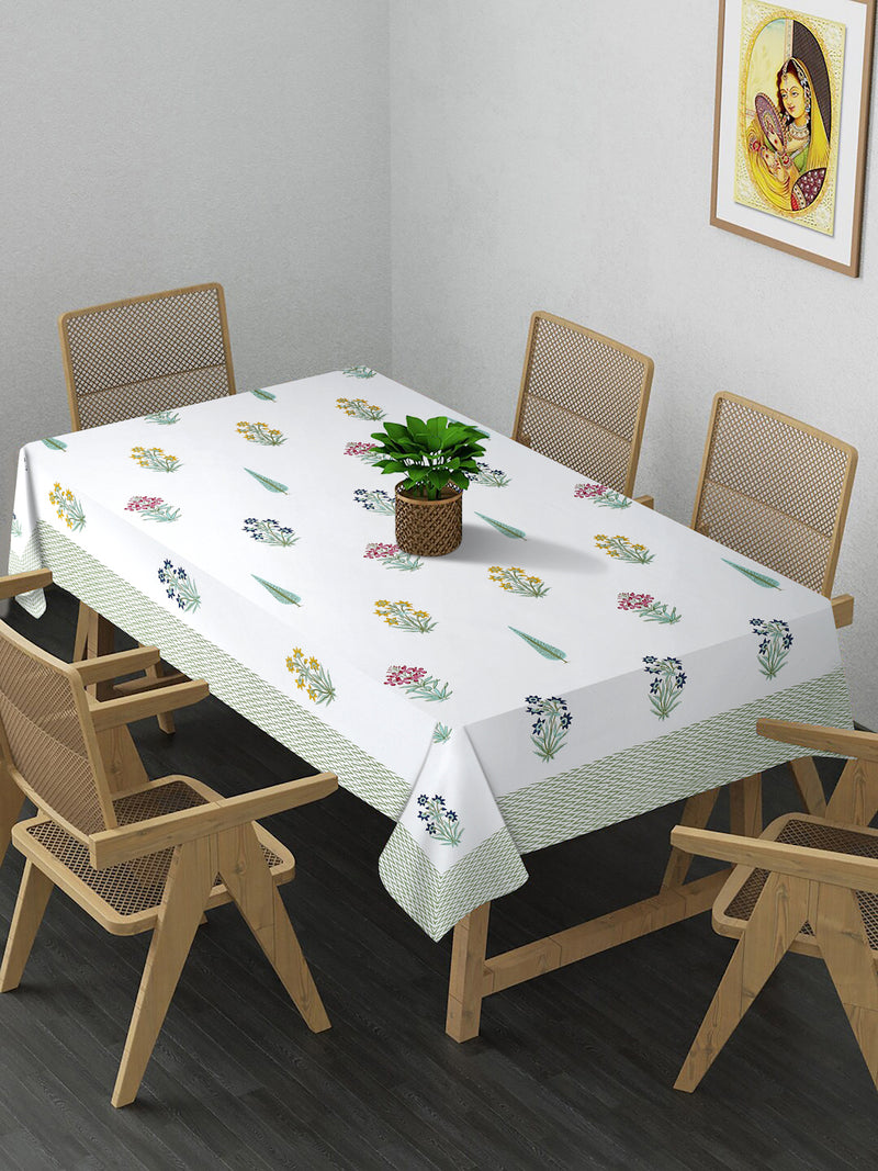 White and Green 6 seater Block Printed Floral Boota Cotton Table Cover-60x90 inch