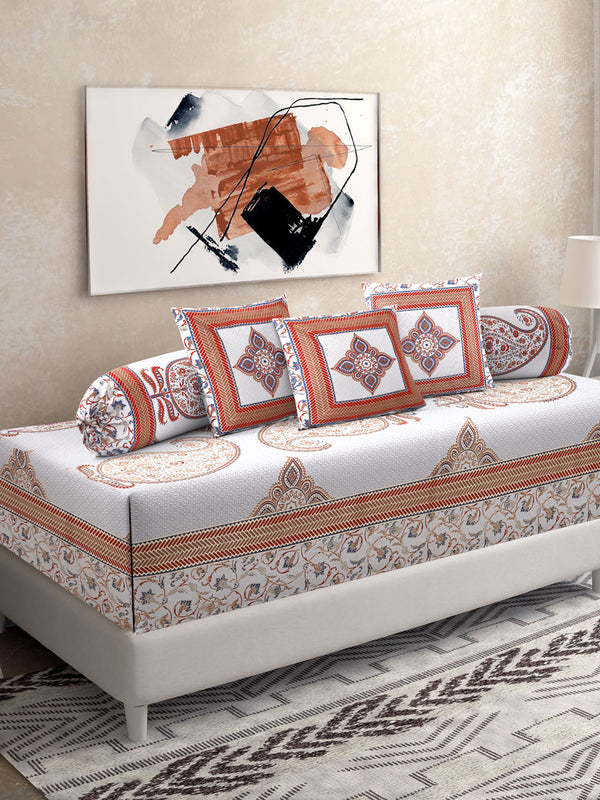 Set of 8 White and Orange Floral Print Cotton Diwan Set