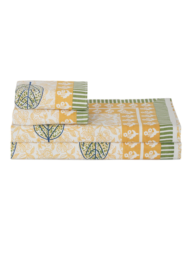 White and Yellow Leaf Printed Cotton Double Bed sheet with 2 Pillow Covers