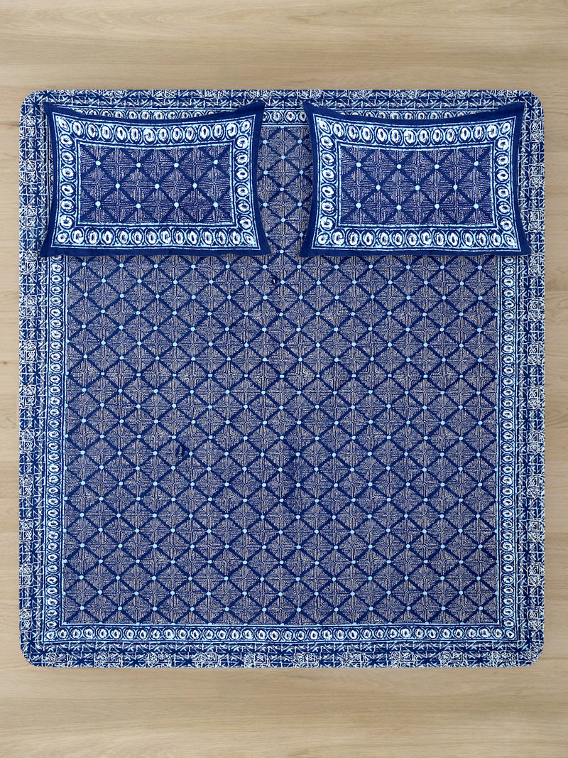 Indigo Dabu Print Cotton Double Bed Sheet with 2 Pillow Covers