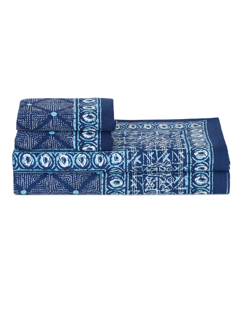 Indigo Dabu Print Cotton Double Bed Sheet with 2 Pillow Covers
