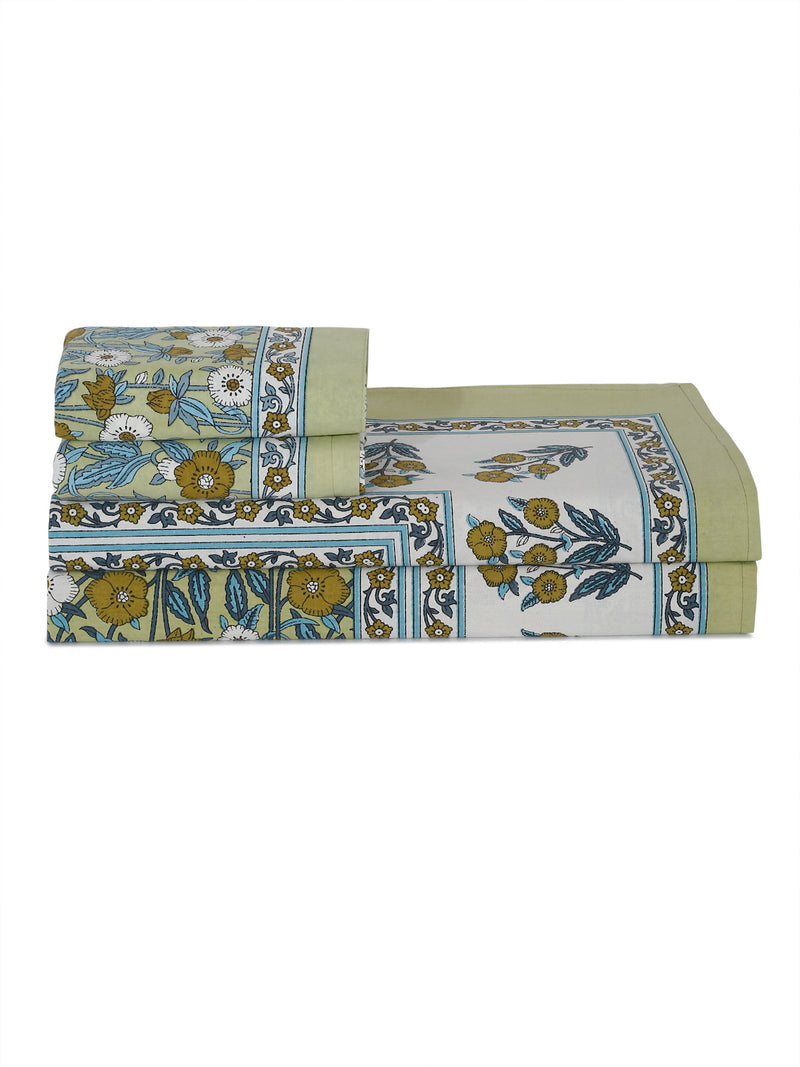 Green Floral Print Cotton Double Bed sheet with 2 Pillow Covers