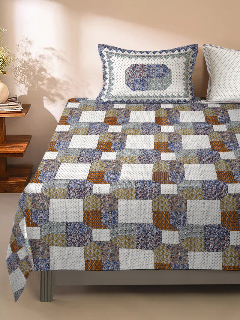 King Size Geometric Print Cotton Bed Sheet with 2 Pillow Covers