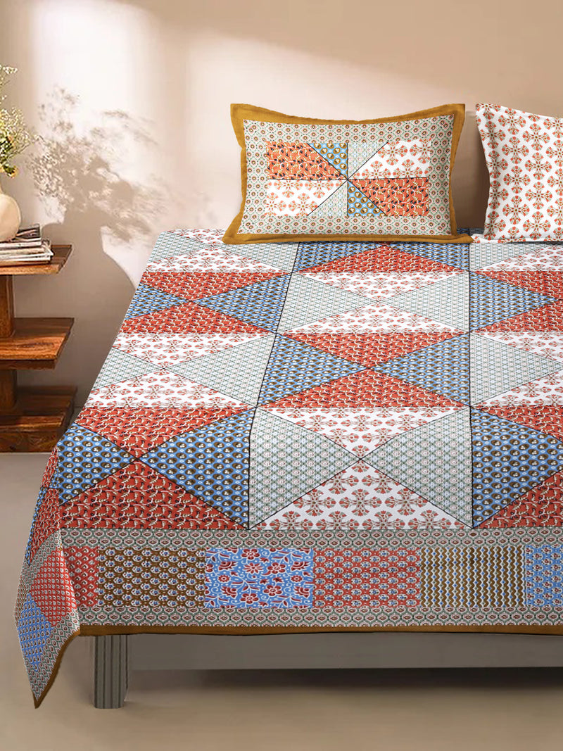 King Size Geometric Print Cotton Bed Sheet with 2 Pillow Covers