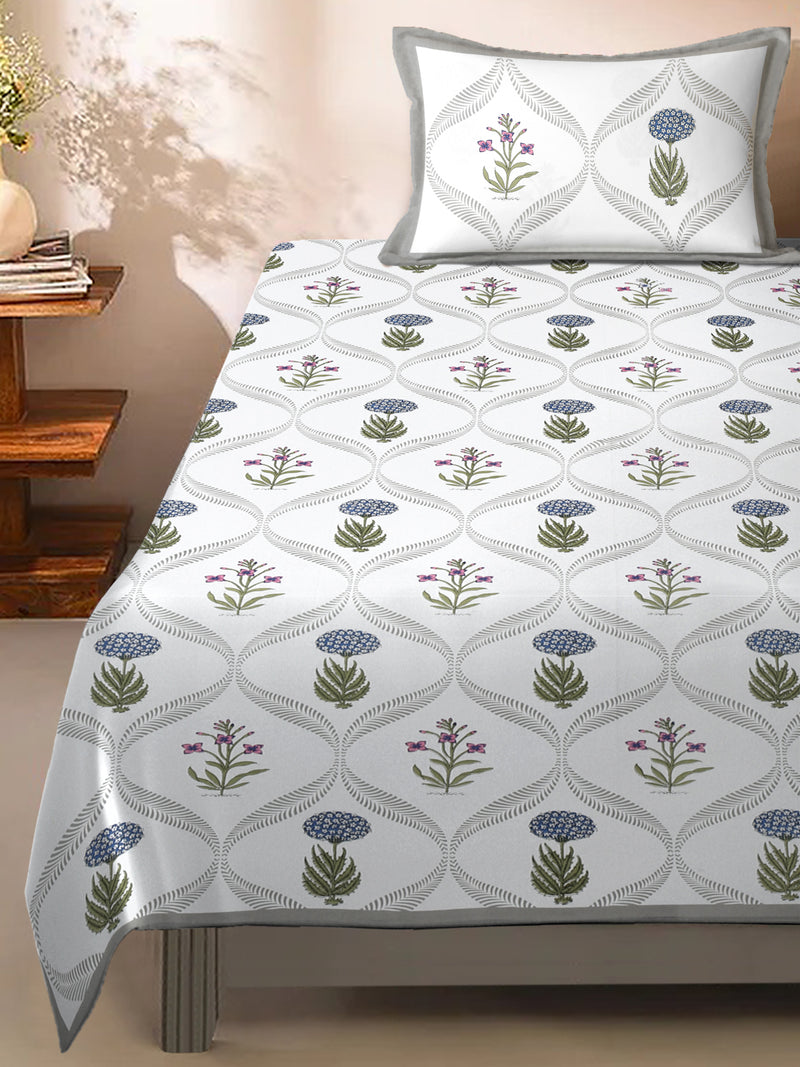 Floral Print Cotton Single Bed Sheet with 1 Pillow Covers