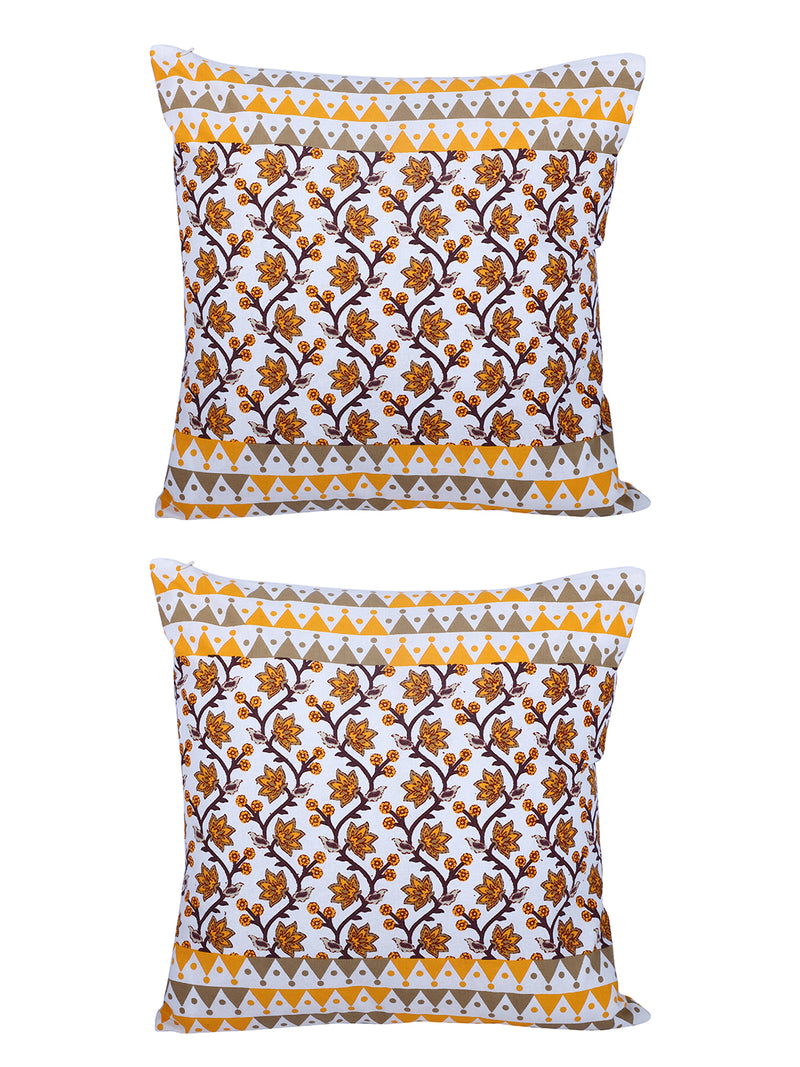 Rajasthan Décor Hand Block Floral White and Yellow Cotton Cushion Cover set of 2 (16x16 inches)