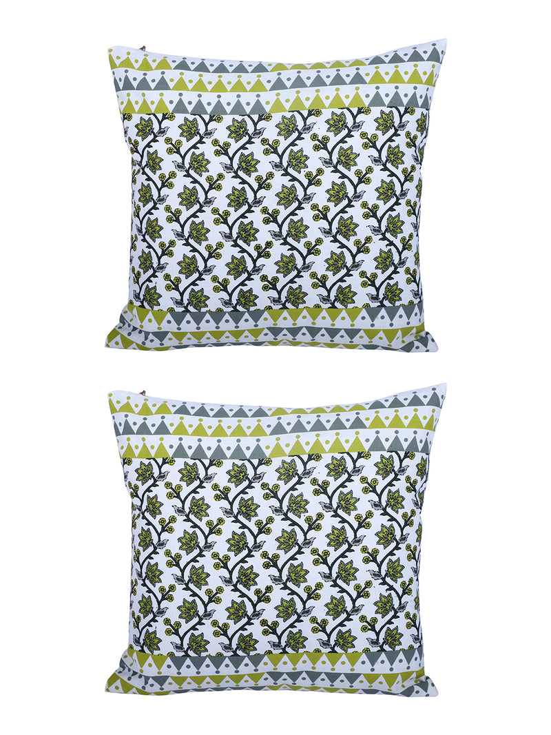 Rajasthan Décor Hand Block Floral White and Green Cotton Cushion Cover set of 2 (16x16 inches)