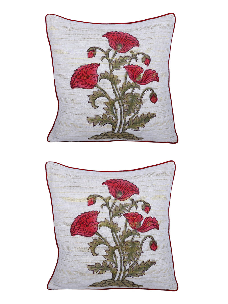 Rajasthan Décor Hand Block Floral White and Pink Cotton Cushion Cover set of 2 (16x16 inches)