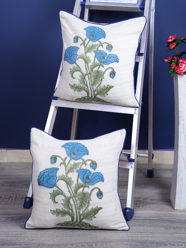 Rajasthan Décor Hand Block Floral White and Turquoise Cotton Cushion Cover set of 2 (16x16 inches)