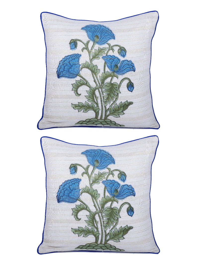 Rajasthan Décor Hand Block Floral White and Turquoise Cotton Cushion Cover set of 2 (16x16 inches)