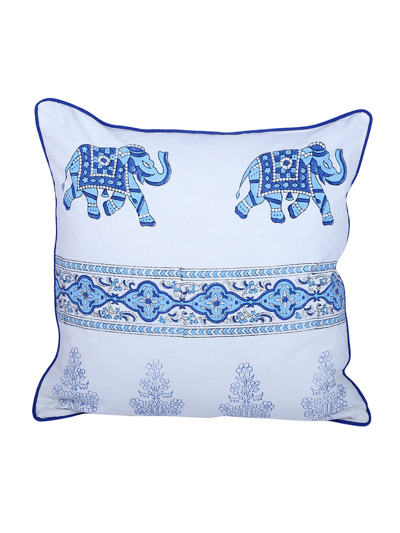 Rajasthan Décor Hand Block Animal Pattern White and Sky Blue Cotton Cushion Cover set of 2 (16x16 inches)