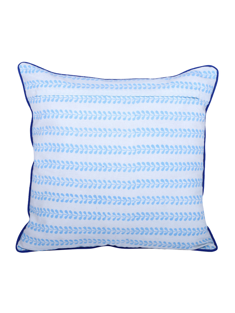 Rajasthan Décor Hand Block Animal Pattern White and Sky Blue Cotton Cushion Cover set of 2 (16x16 inches)